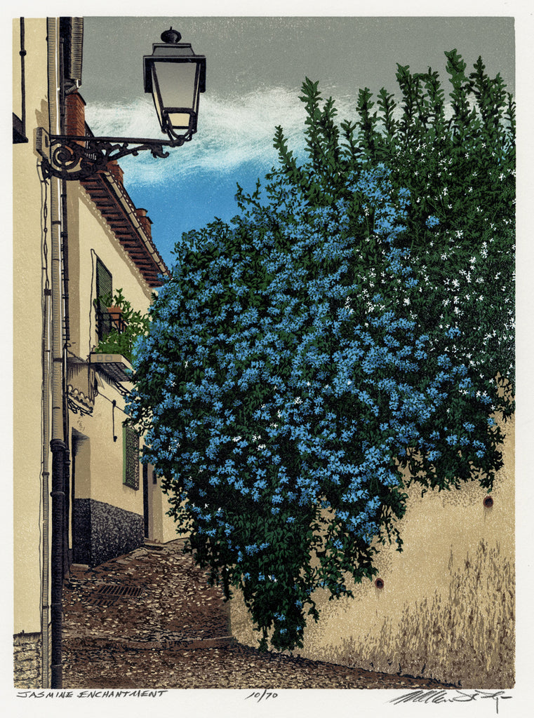 Jasmine♪様＊ブルーフォッシルコーラル フラワーとブルーサファイア William HAYS - Jasmine Enchantment - Color linocut — Mesh Art Gallery