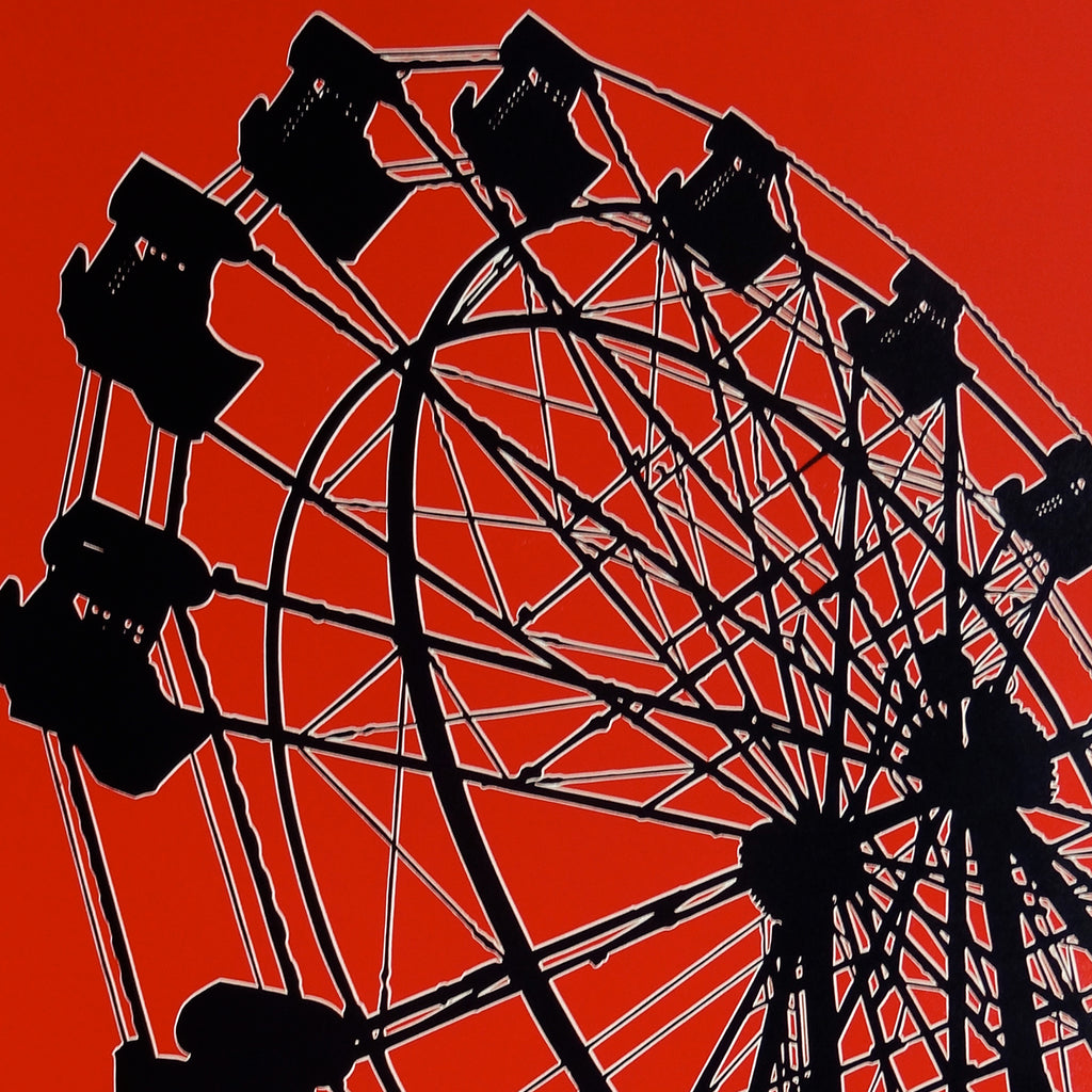 Dave Lefner - County Fair Ferris Wheel - color reduction linocut - silhouette red black