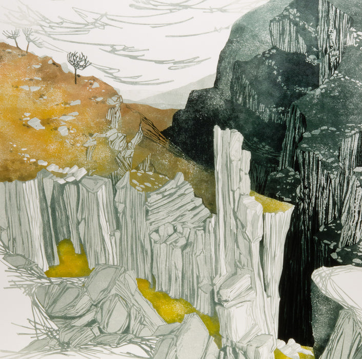 Laura Boswell - Morning Light - reduction linocut - cliffs wind vale sheer
