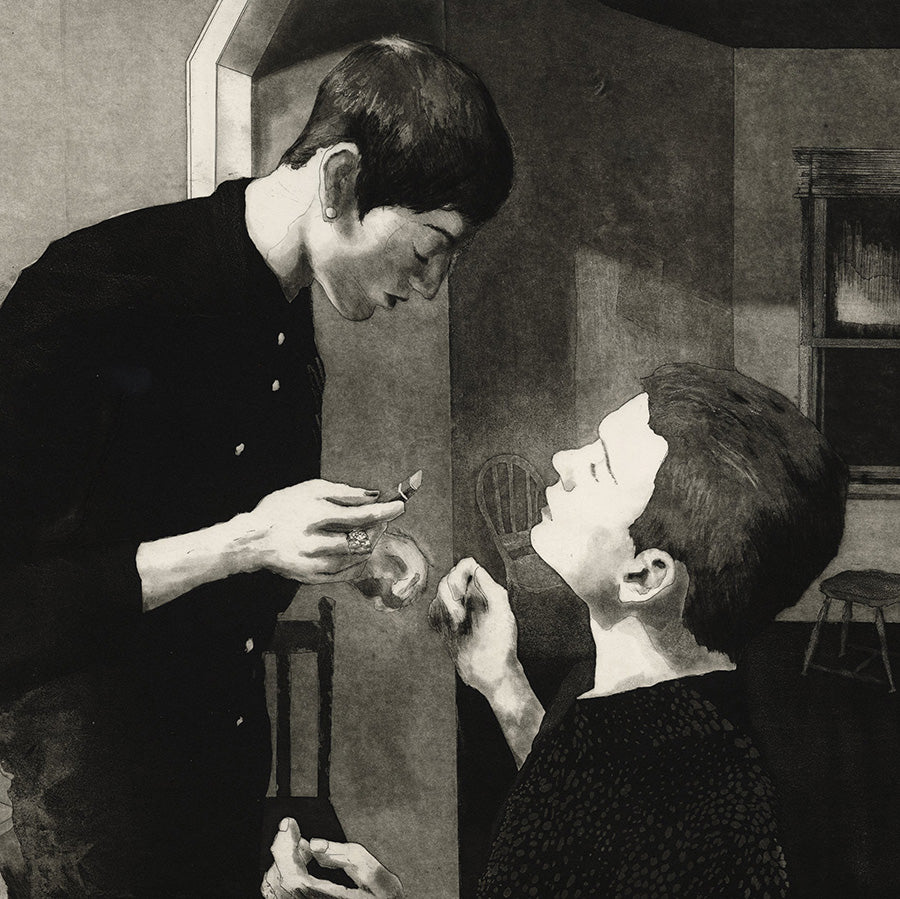 Paul DeRuvo - Ritual - etching aquatint drypoint - young men putting on lipstick - detail