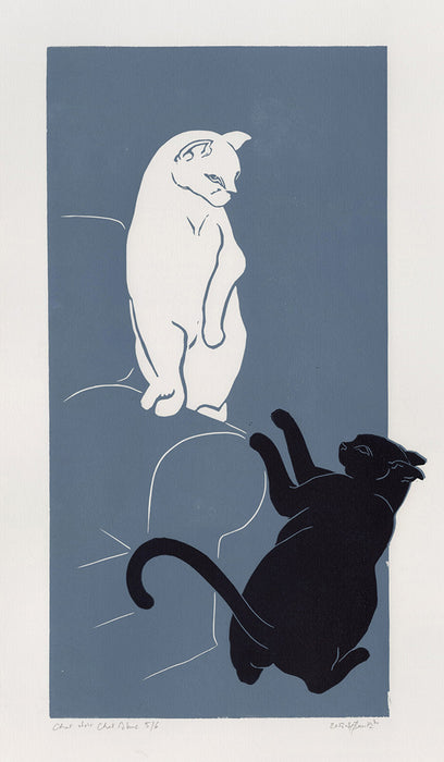 Linocut - by BAUTISTA, Helene - titled: Chat Noir Chat Blanc