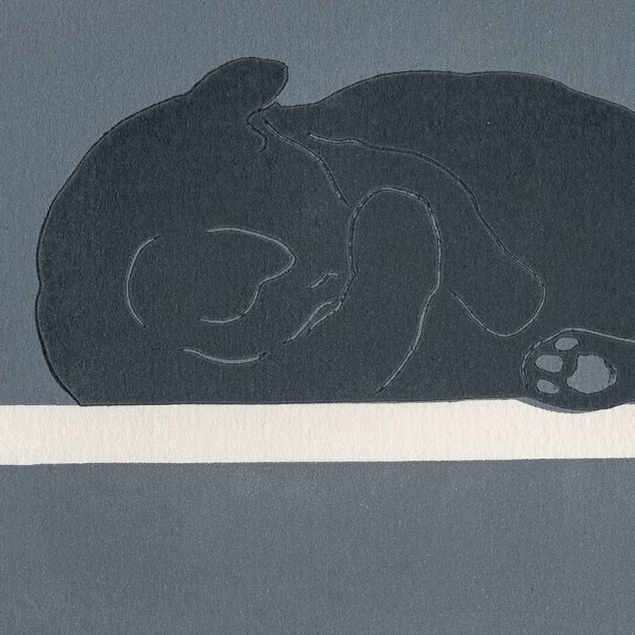 Hélène BAUTISTA - Shy Cat - Linocut printed in dark slate-blue - detail