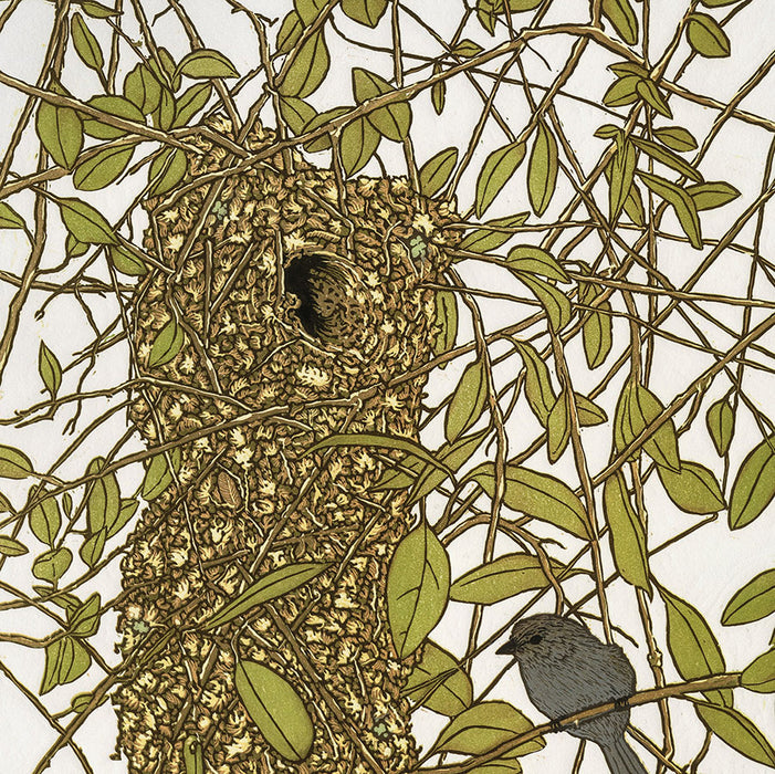 Color linocut reduction - by WALES, Monique - titled: Bushtit's Nest