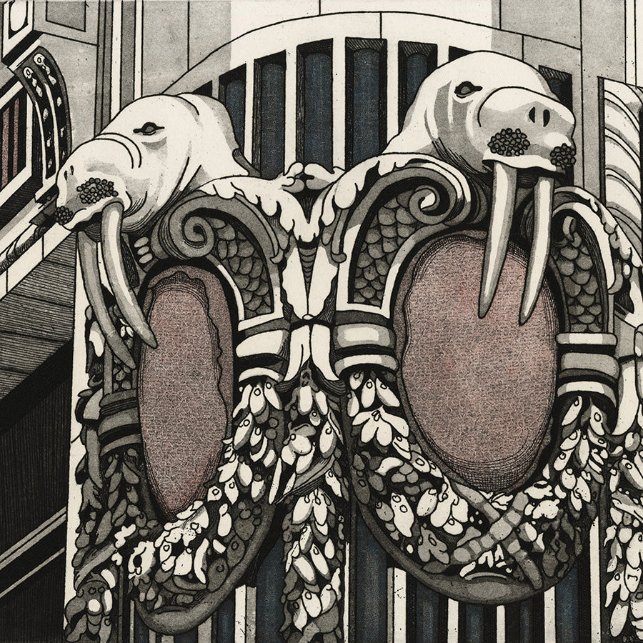 Paula Campbell - The Artic Building - color intaglio with hand coloring - walrus gargoyle bust on art deco column - detail