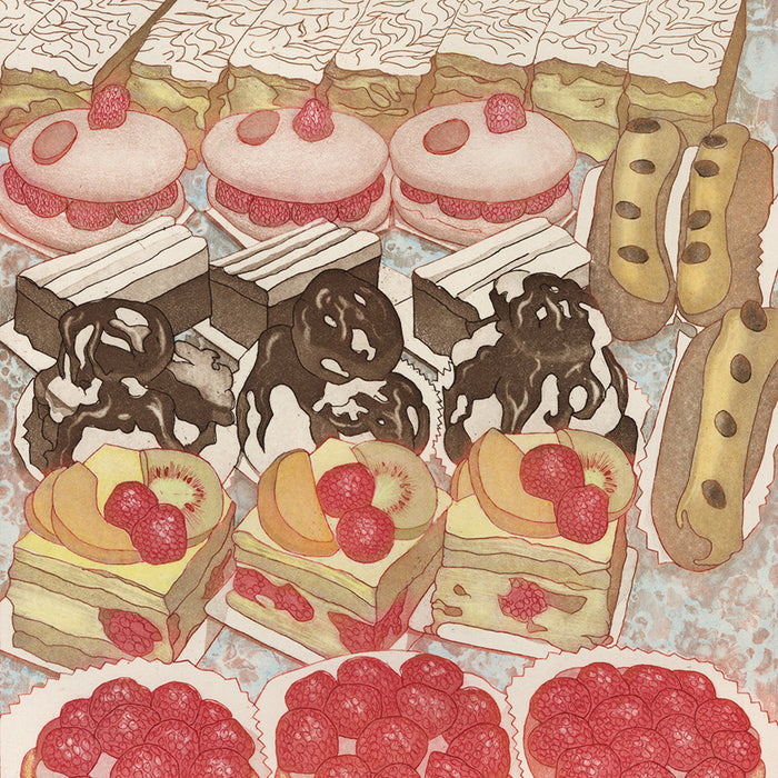 Paula Campbell - Troyes Pastries - color intaglio with hand coloring - rows of cute sweet tarts eclairs and macaron cakes - detail