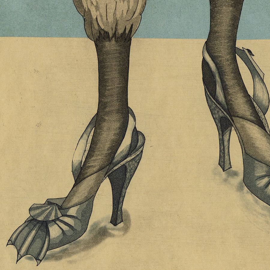 Paula Campbell - Wading - color intaglio with collage - bird wearing webbed heels - detail