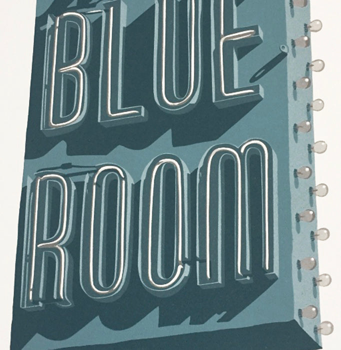Dave Lefner - Blue Room - reduction linocut - neon sign text los angeles