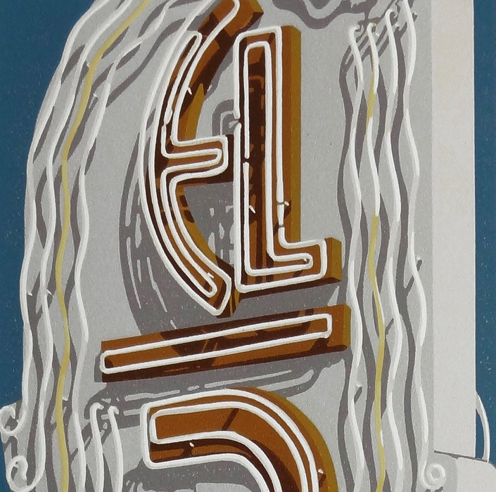 Dave Lefner - El Rey Theater - color reduction linocut - neon sign text marquee Los Angeles