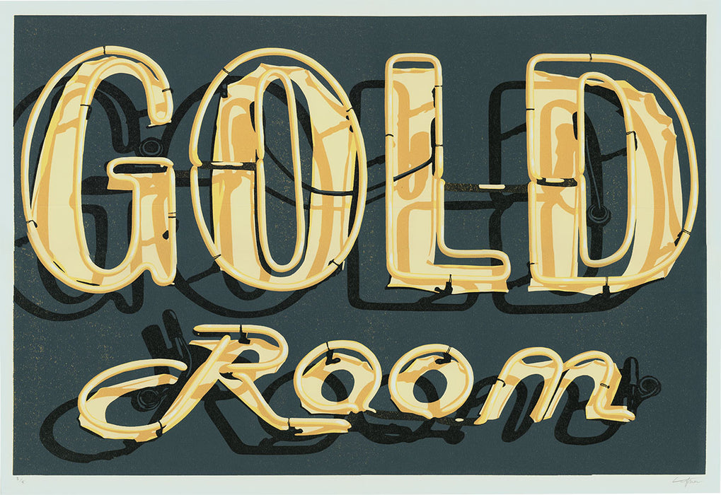 Dave Lefner - Gold Room - Color linocut reduction - neon sign - Los Angeles