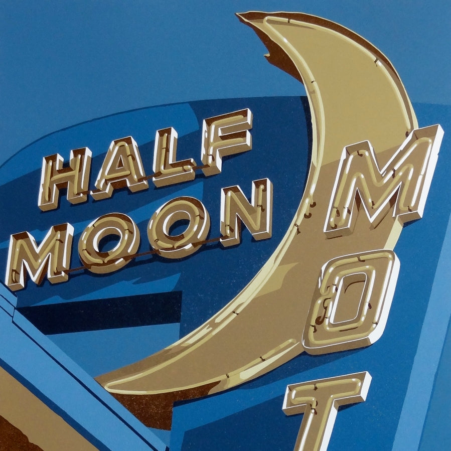 Dave Lefner - Half Moon Motel - 11 color linocut reduction - faux stone - crescent moon - powder blue - detail