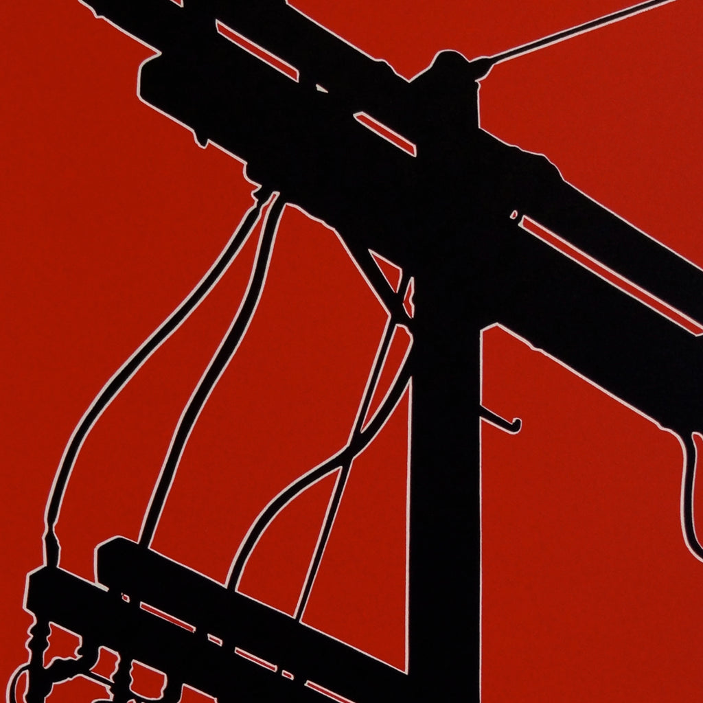 Dave Lefner - Untited 1 - Power Struggle Series - color reduction linocut - power lines electricity red
