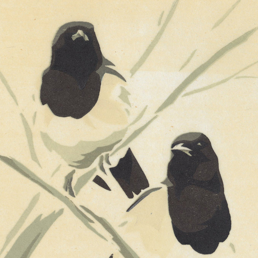 Erik VAN OMMEN - Two Magpies - Twee Eksters - Color woodcut on Japan paper - detail
