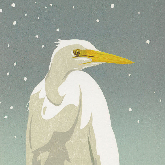 Erik VAN OMMEN - White Egret in the Snow - Zilverreiger in de Sneeuw - Color woodcut 