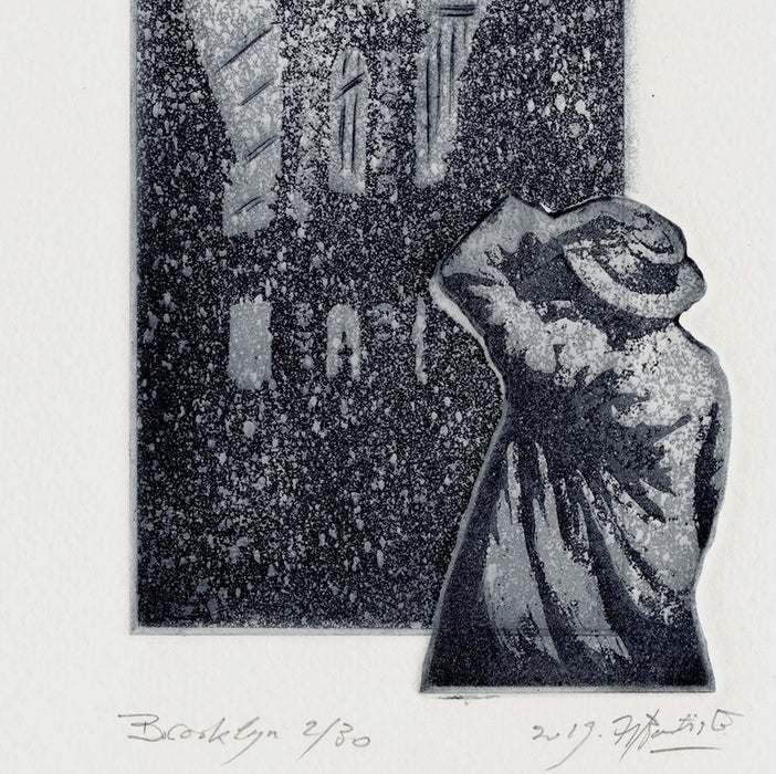 Helene Bautista - Brooklyn - etching of Brooklyn Bridge in the snow