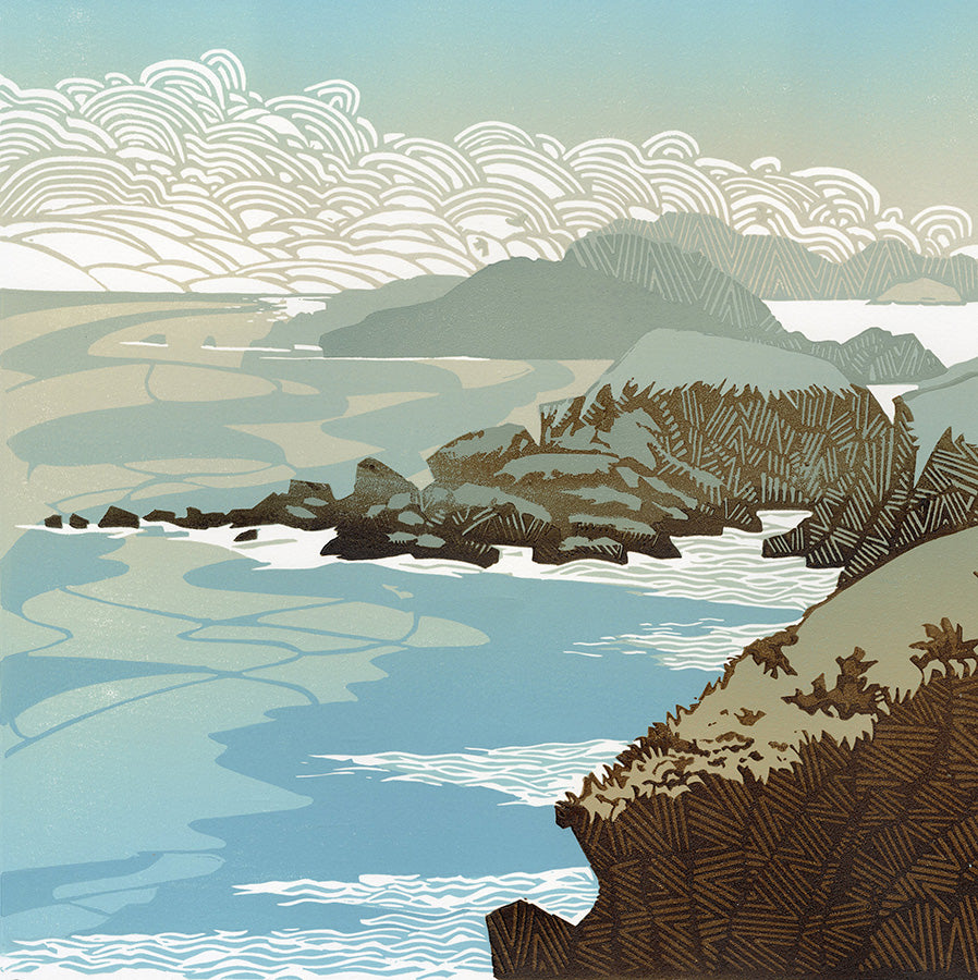 Ian Phillips - Cliff Edge - color linocut reduction - patterened cliffline - tender blue seas - puffy clouds