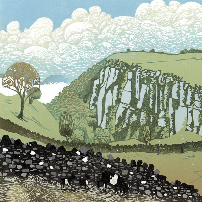 Ian Phillips - Looking Back - color linocut - stone wall rolling hills stylized clouds craggy cliff 