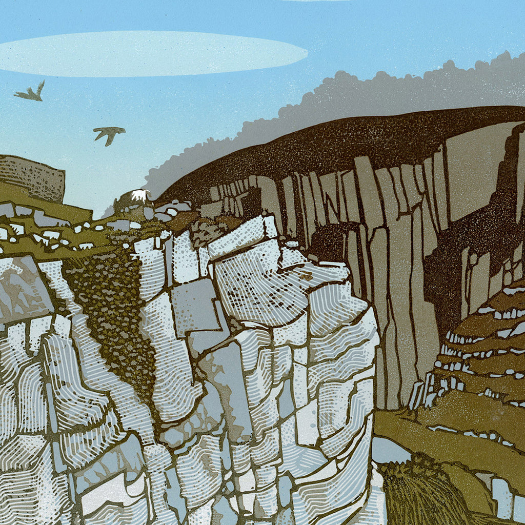Ian Phillips - Walking with Laura - reduction linocut - cliffs rocks blue sky