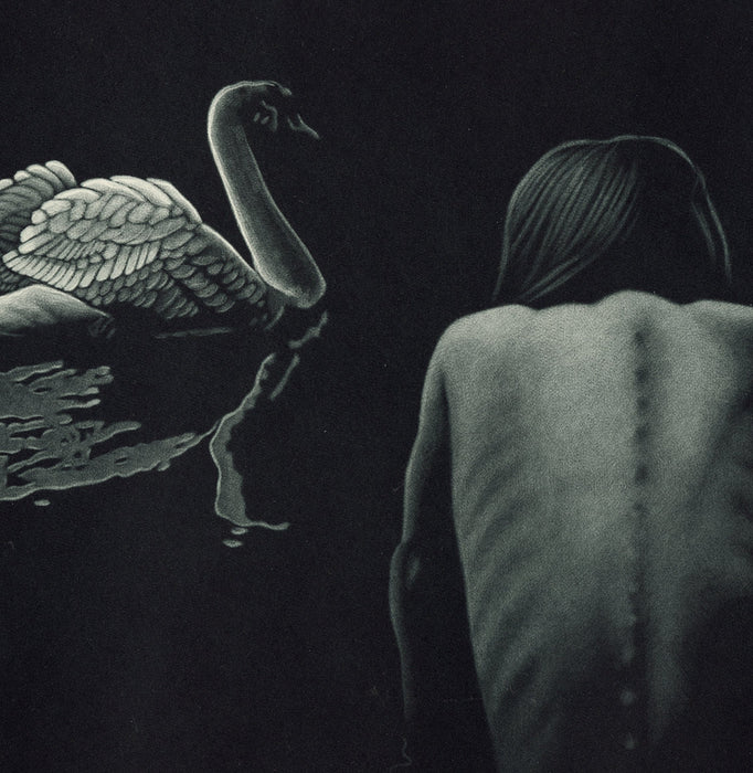 Jukka Vanttinen - the swan - mezzotint - nude with water fowl