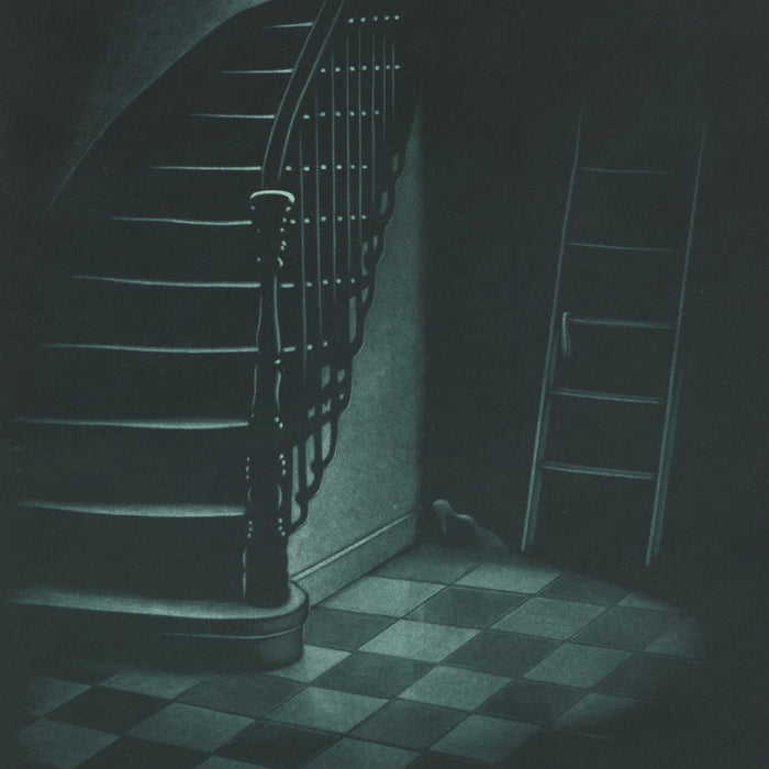 Jukka Vanttinen - The Ladder - mezzotint - checkered floor - ghostly presence - detail