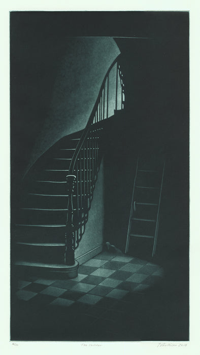 Jukka Vanttinen - The Ladder - mezzotint - checkered floor - ghostly presence