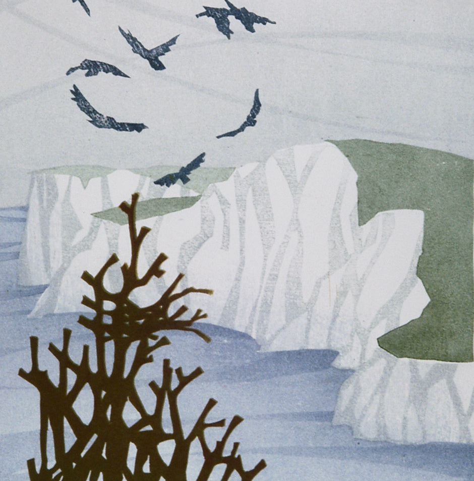 Laura Boswell - Bird Dance Cliffs - Combined Japanese woodblock and linocut reduction - bird sheep cliffs clouds wind ocean