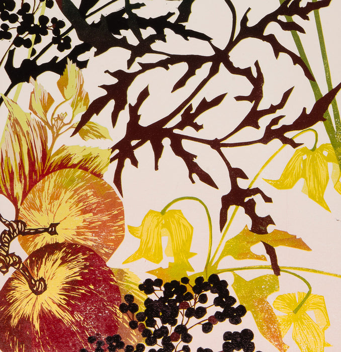 Laura Boswell - Garden Seasons Autumn - reduction linocut - flowers flora fruit berries still life