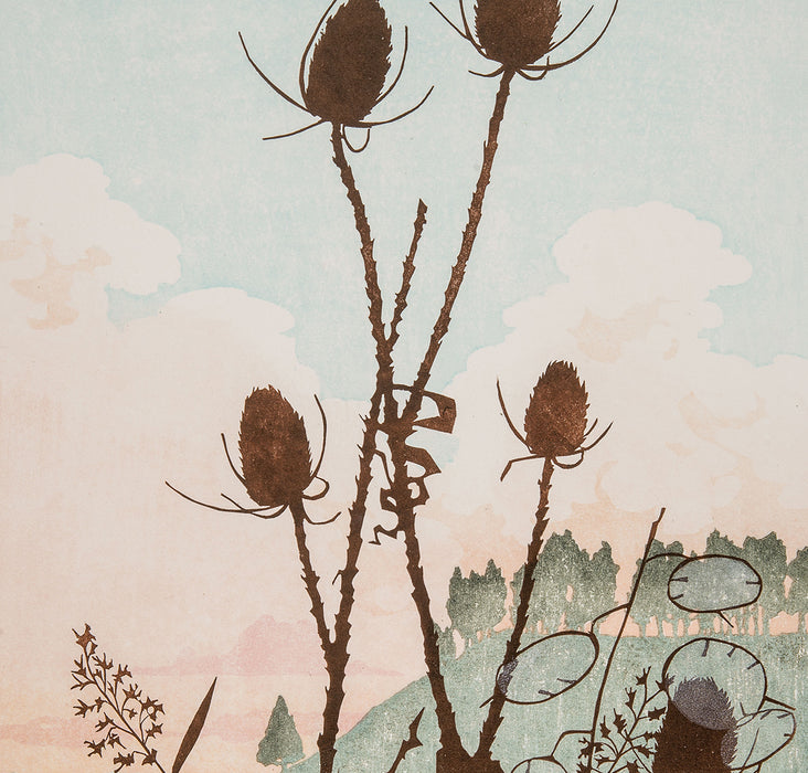 Laura Boswell - Vale Teasles - Combined Japanese woodblock and linocut - hills dawn clouds