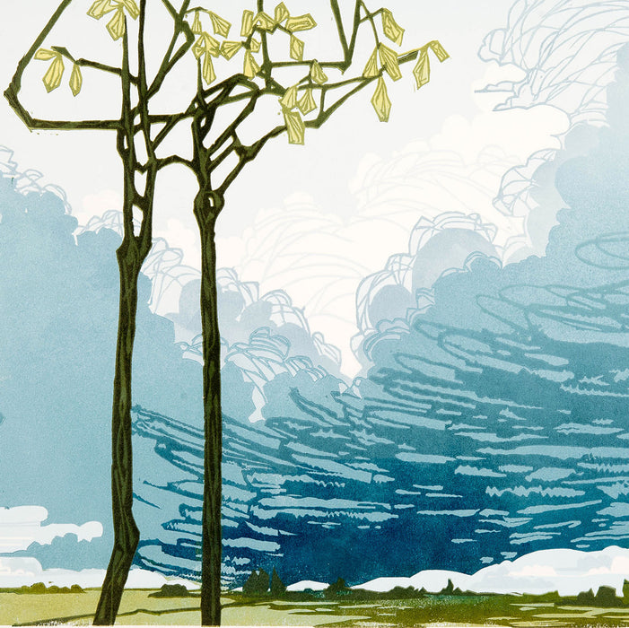 Laura Boswell - Small Trees Big Sky - reduction linocut - clouds plains storm blue