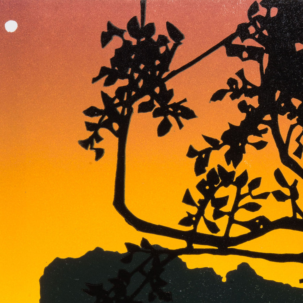 Laura Boswell_Dusk_Moon-Color Reduction linocut - tree sunset landscape