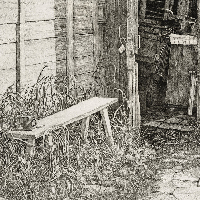 Livio Ceschin - Angoli Vissuti - Happy Places - Lived Corners Nooks - etching drypoint - bench outside - coffee cup - detail1