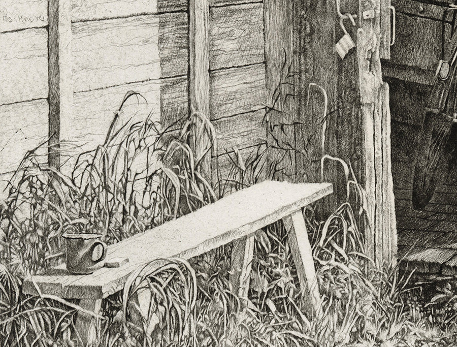 Livio Ceschin - Angoli Vissuti - Happy Places - Lived Corners Nooks - etching drypoint - bench outside - coffee cup - detail2