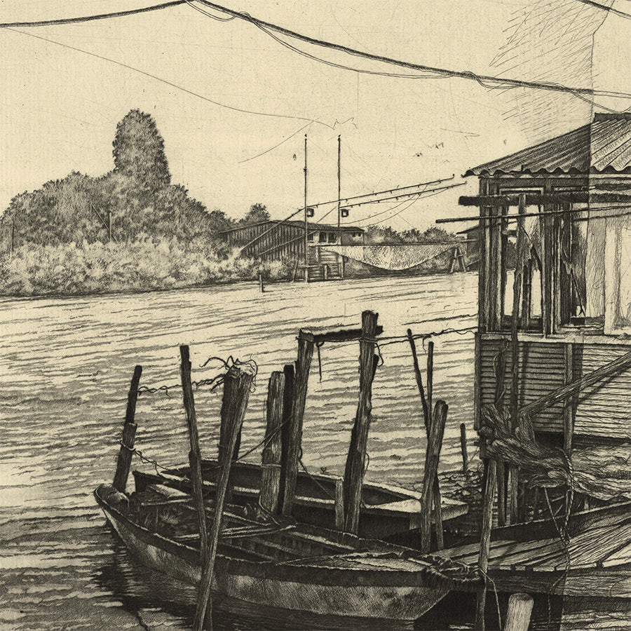 Livio Ceschin - Barche a Riposa - Row Boats at Rest - etching drypoint - pontoon - detail