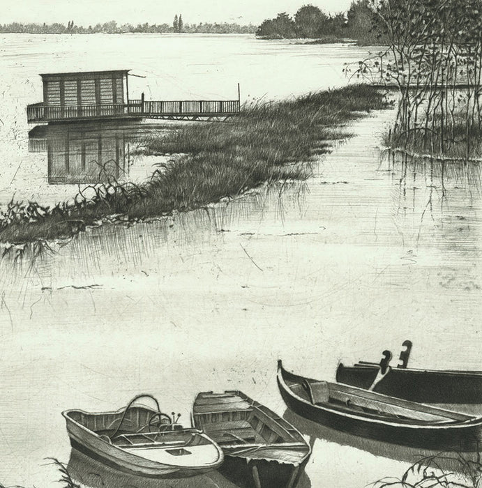Livio Ceschin - Lungo il Po - Along the Po River - row boats - etching drypoint - detail1