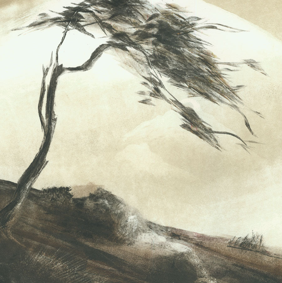 Marketa Kemp - Landscape I - monotype - Australia - lonely tree - pin parasol - pini maritimi