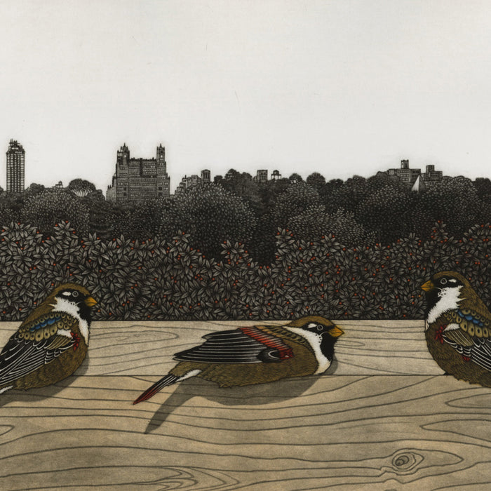 Color mezzotint - by ESTEBE, Michel - titled: Three Sparrows