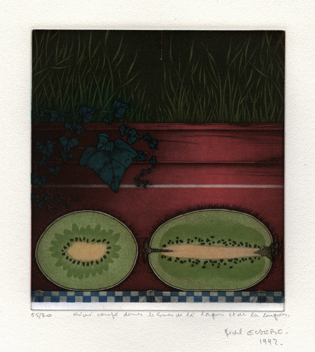 Color mezzotint - by ESTEBE, Michel - titled: Kiwis Cut in the Width and in the Length