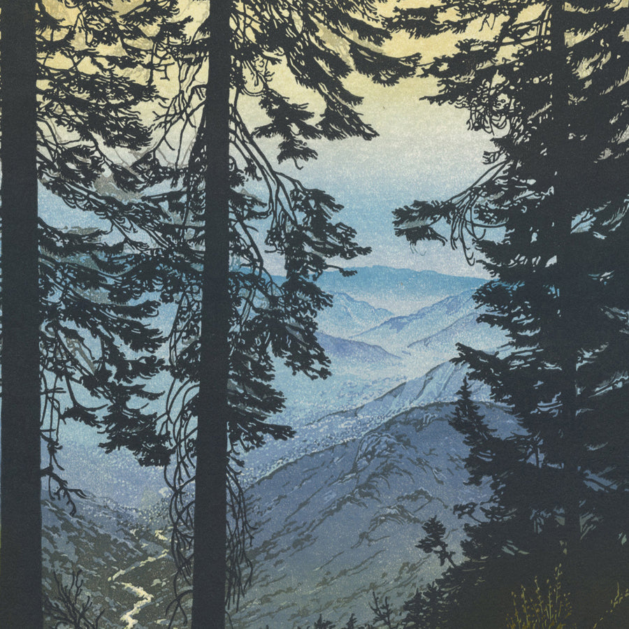 Monique Wales - Grand Show - Sierra Gloaming - color linocut reduction print detail