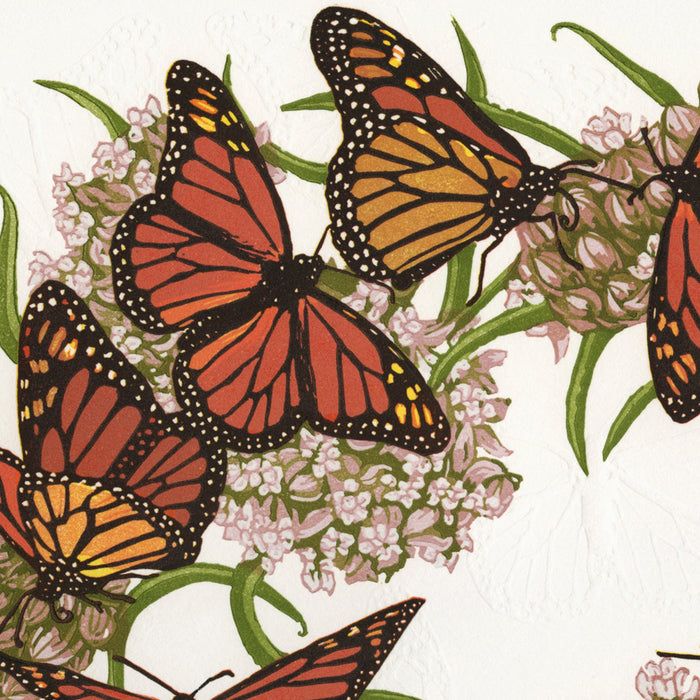 Monique Wales - Twelve Monarchs and a Viceroy - color linocut reduction print with embossing 