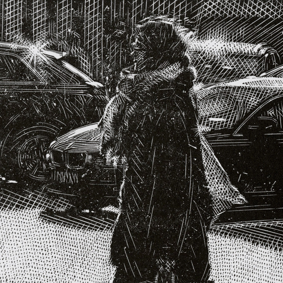 Olesva Dzhurayeva - Day by Day - linocut - edition 18 of 20,  created in 2020, detail of a busy city scene
