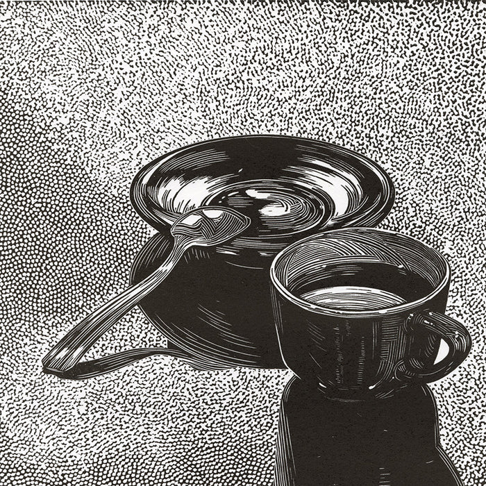 Olesya Dzhuraeva - Early Morning - coffee cup saucer spoon - linocut 2016 - detail