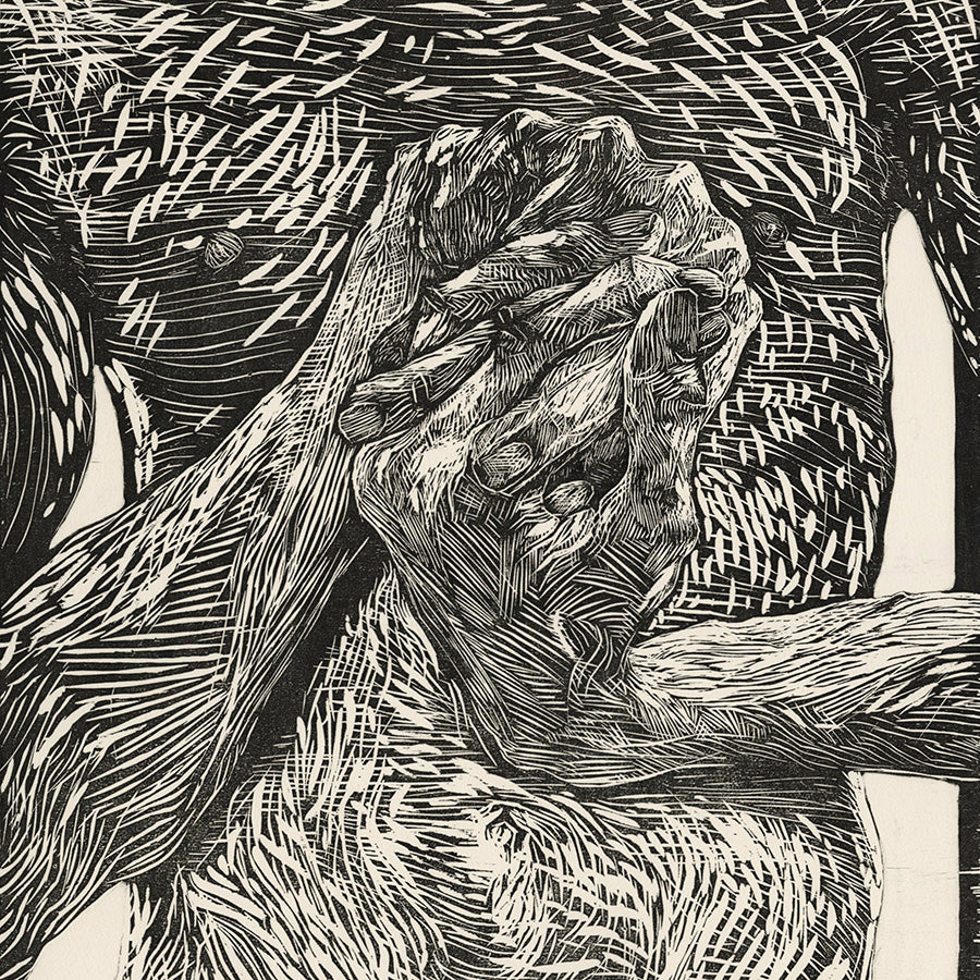 Paul DeRuvo - Hands - woodcut - wringing hands - male nude - detail