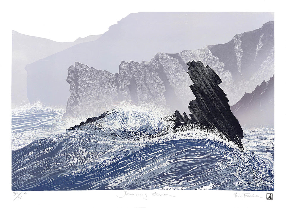 Pine Feroda - January Storm - rocky sea tossed - crashing waves on rocks