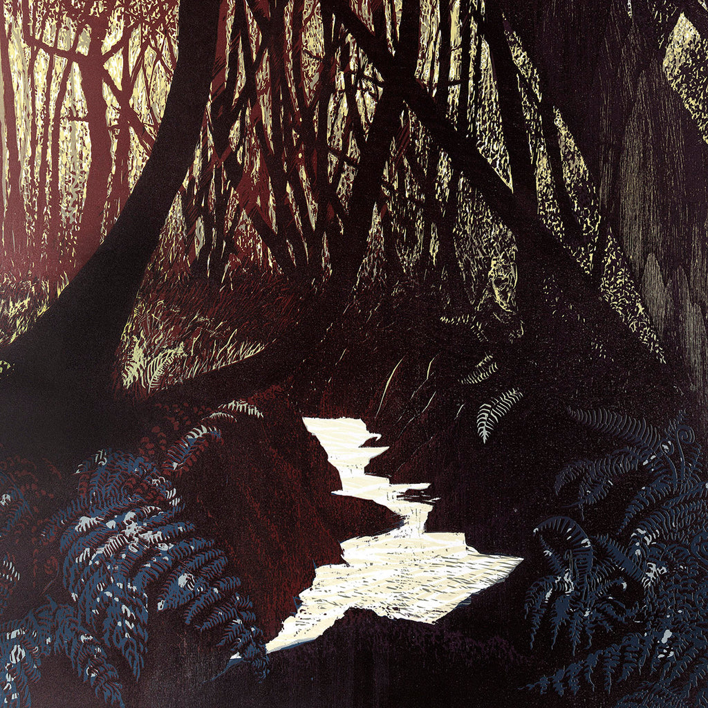 Pine Feroda - Thicket - color woodcut - woods creek river dusk sunset summer