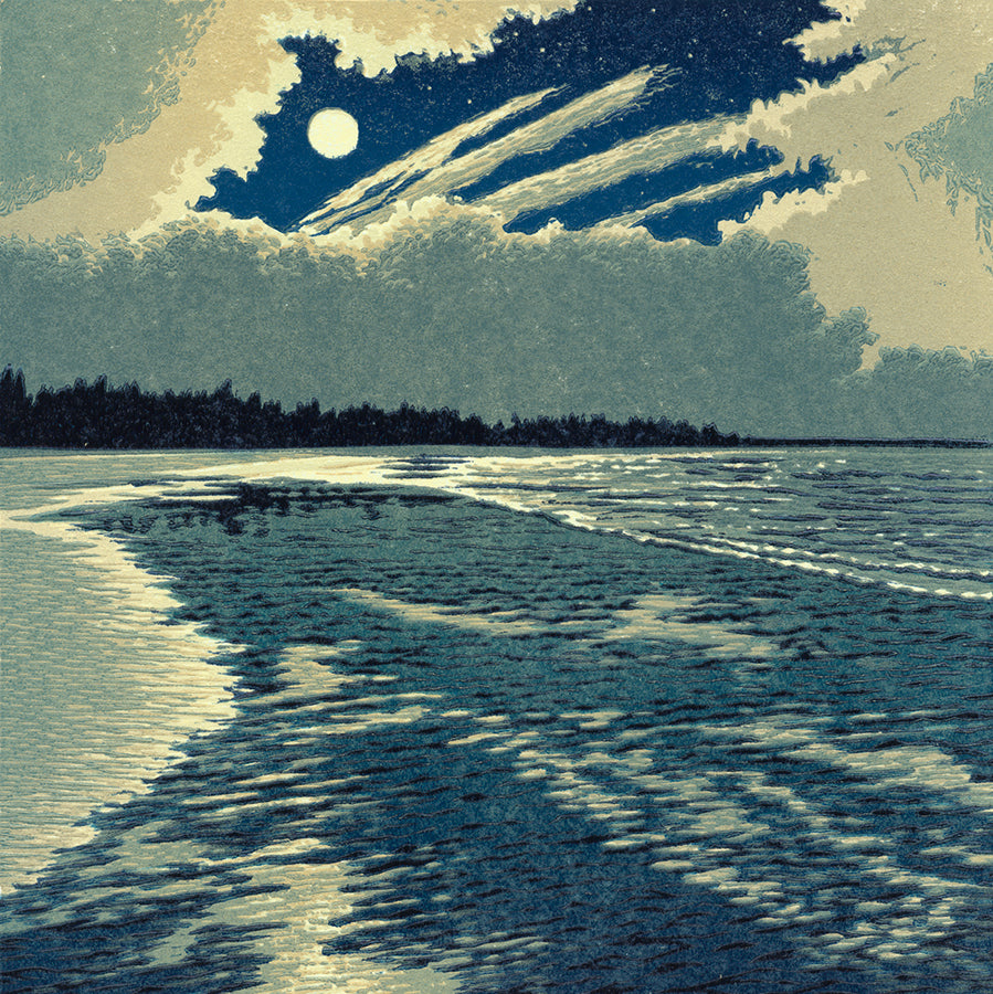 William H Hays - Moonlight Coast - color linoleum cut - linocut - detail