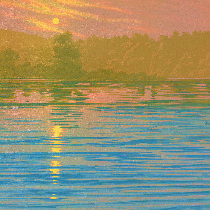 William H. Hays - Serenity - large color linocut reduction - orange sunset over blue water