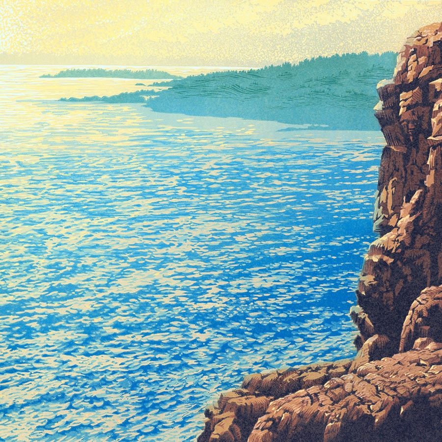 William H Hays - Shining Coast - Maine Acadia National Park - color linocut reduction - shimmering ocean